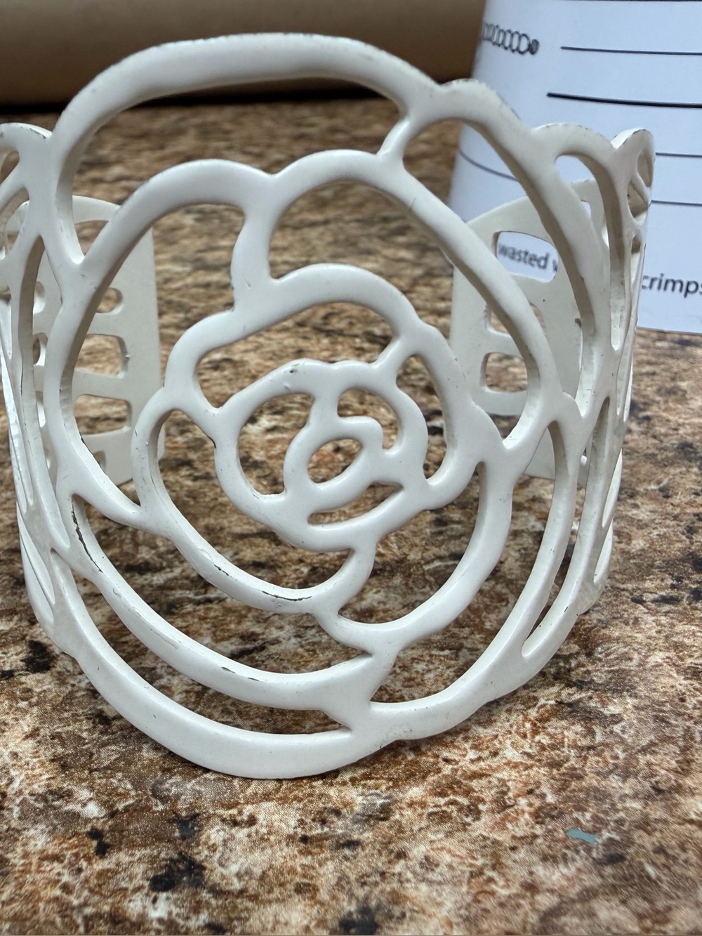 White Rose Flower Cutout Wide Cuff Bracelet Floral Statement Jewelry